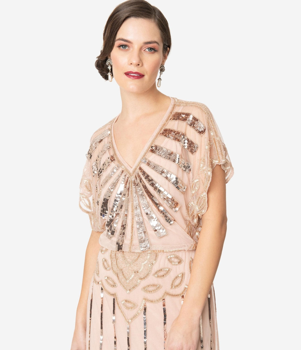  1920s Blush Pink Deco Angelina Maxi Flapper Dress
