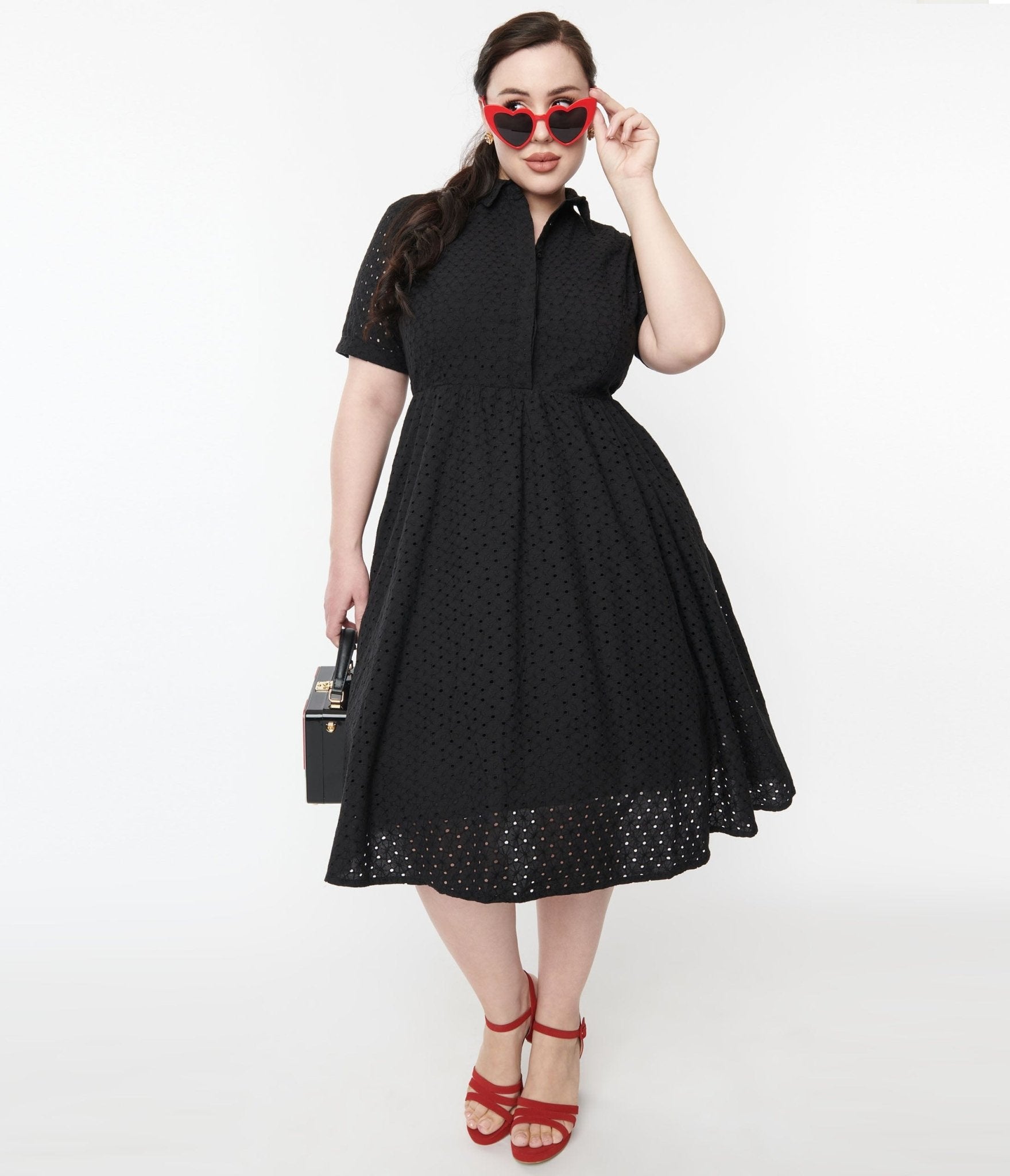  1950s Black Eyelet Collared Swing Dress