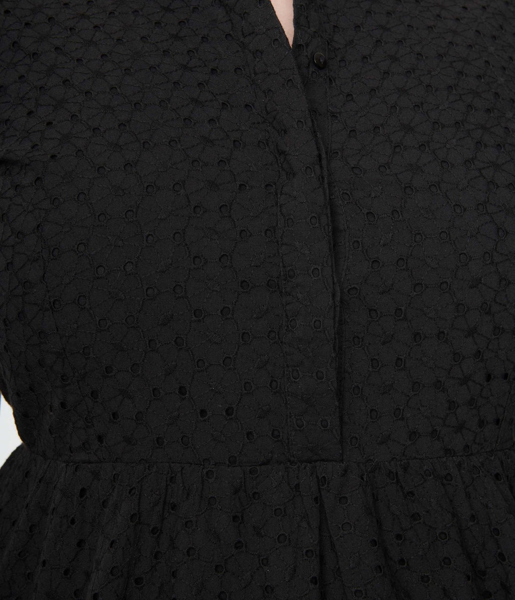  1950s Black Eyelet Collared Swing Dress