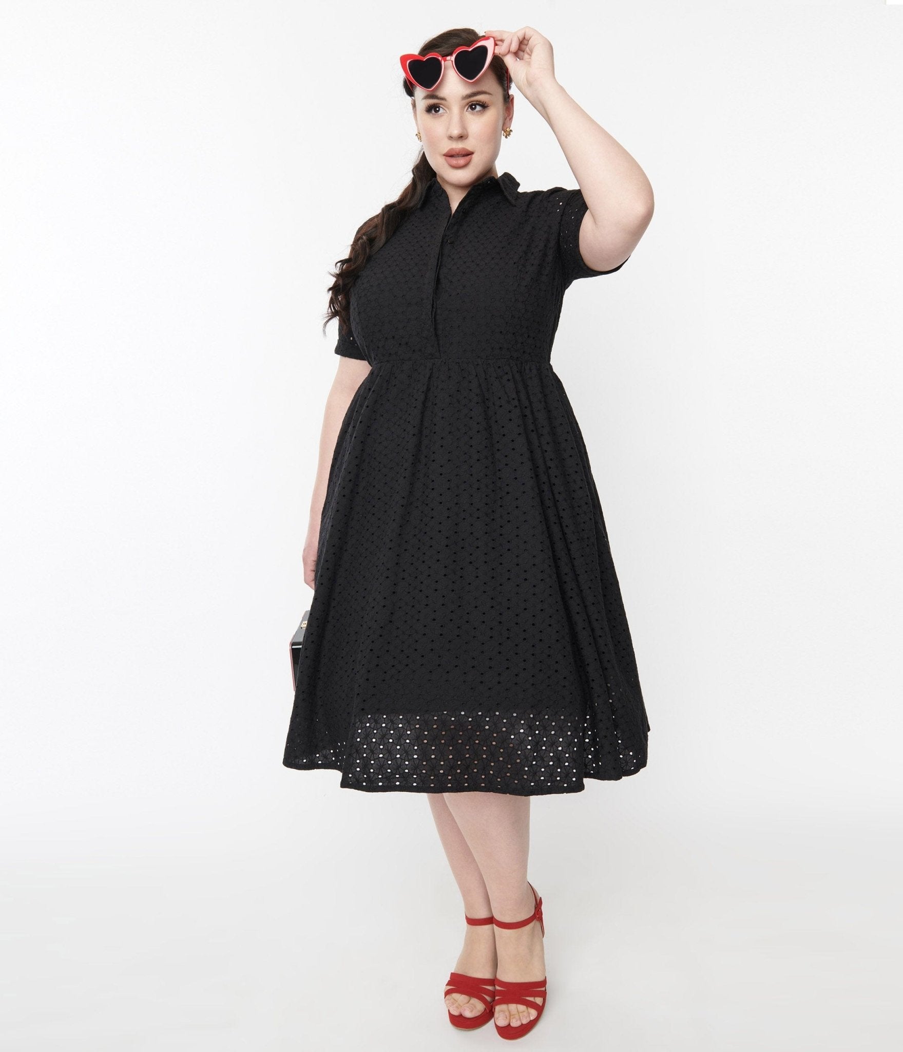  1950s Black Eyelet Collared Swing Dress