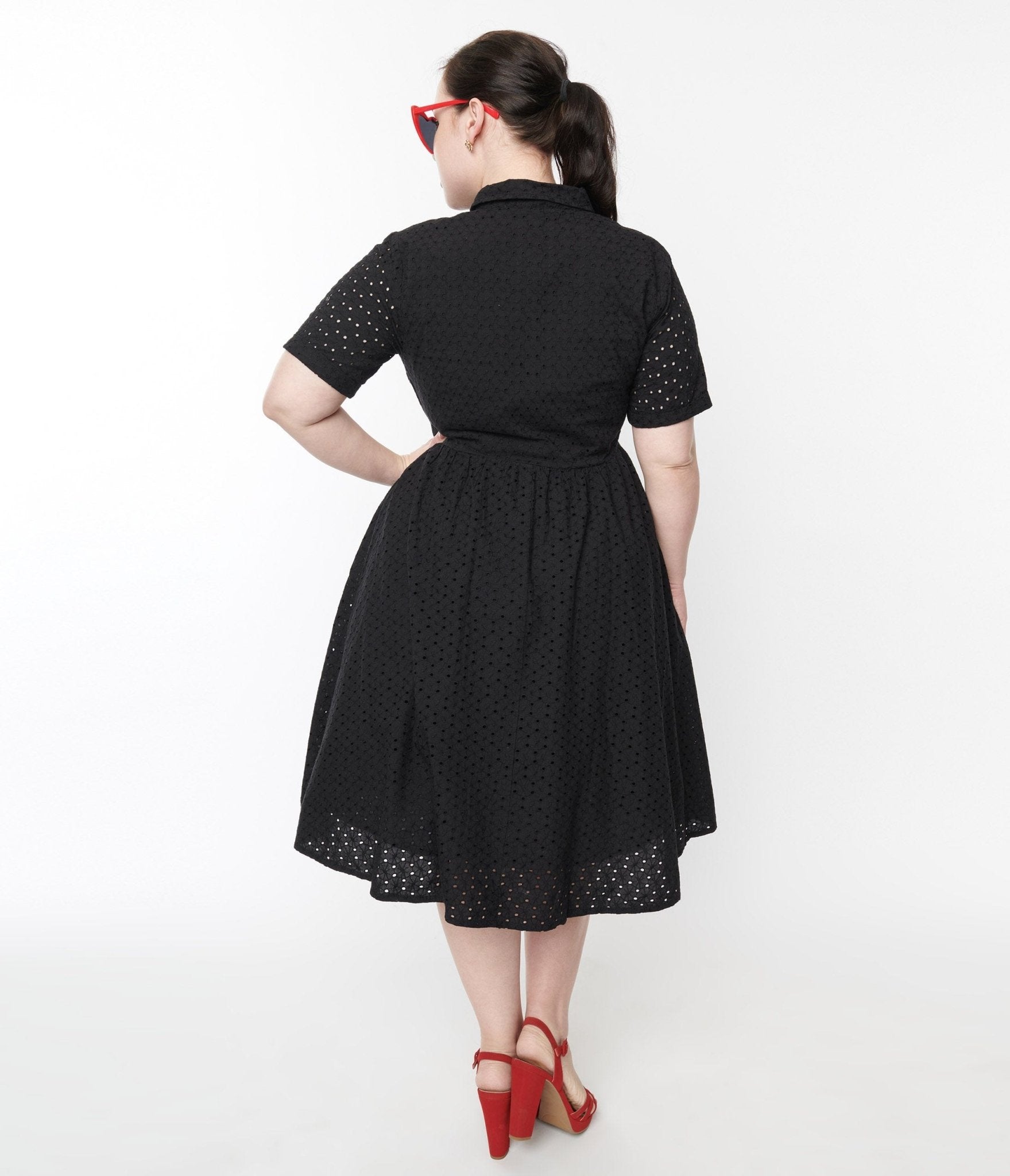  1950s Black Eyelet Collared Swing Dress