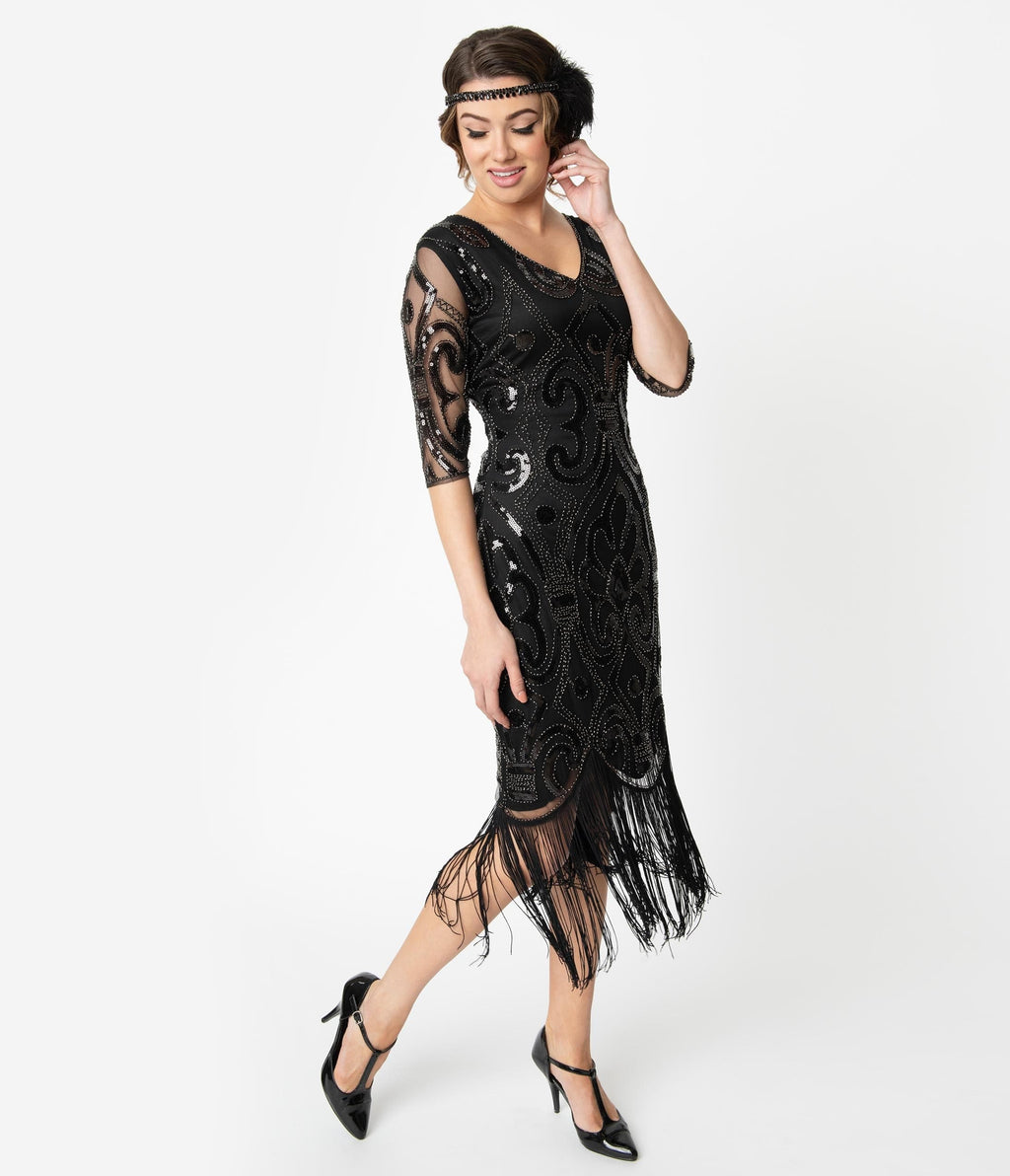  Unique Vintage 1920s Black Beaded Lynette Fringe Flapper Dress