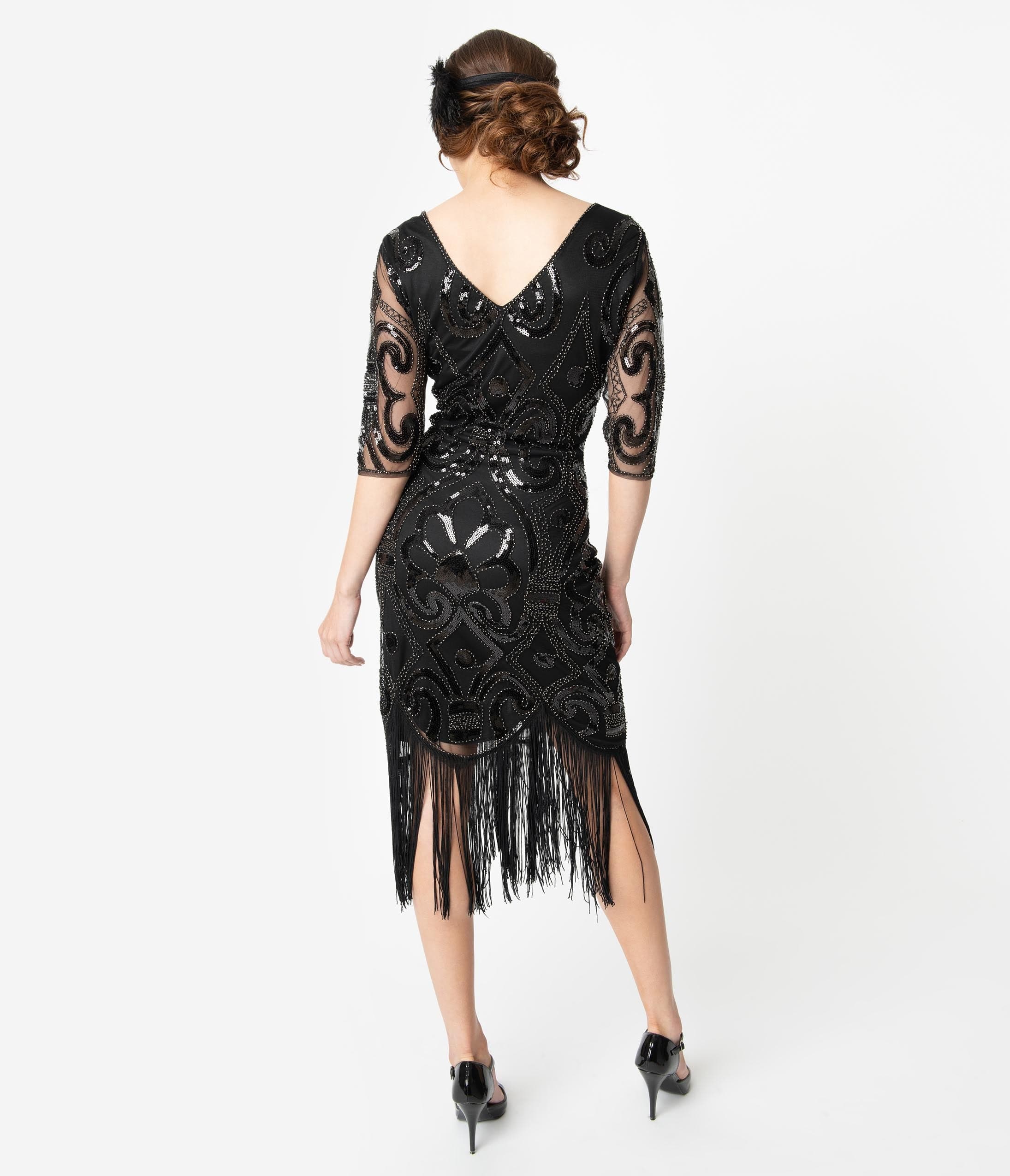  Unique Vintage 1920s Black Beaded Lynette Fringe Flapper Dress