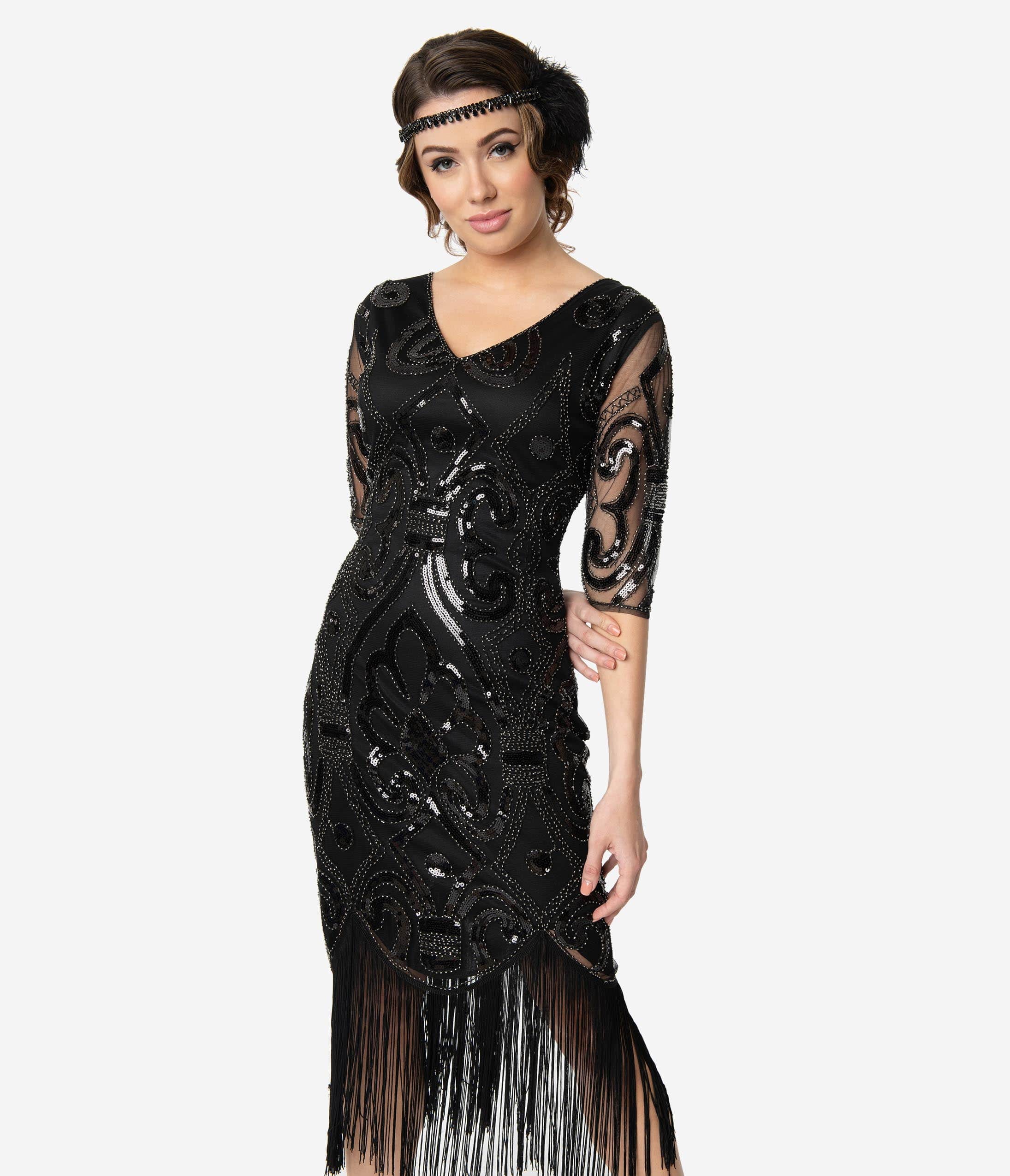  Unique Vintage 1920s Black Beaded Lynette Fringe Flapper Dress