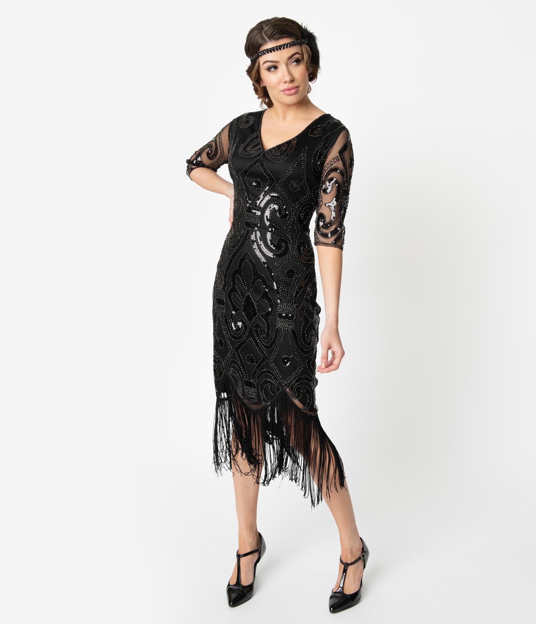  Unique Vintage 1920s Black Beaded Lynette Fringe Flapper Dress