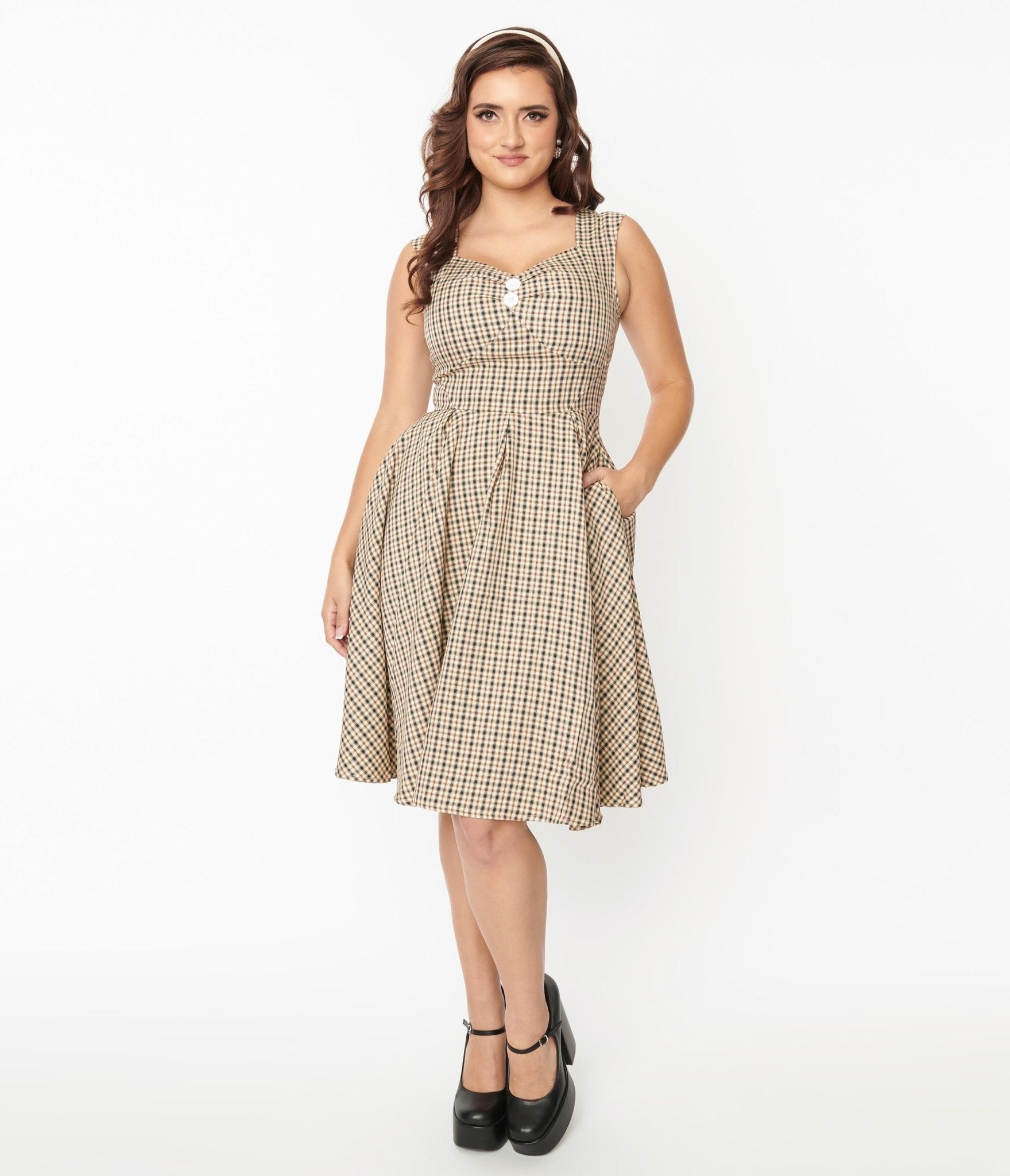  Beige & Black Gingham Swing Dress