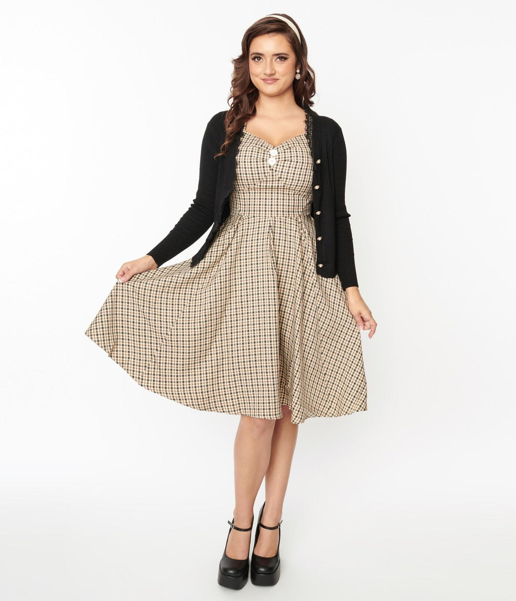  Beige & Black Gingham Swing Dress