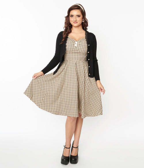  Beige & Black Gingham Swing Dress
