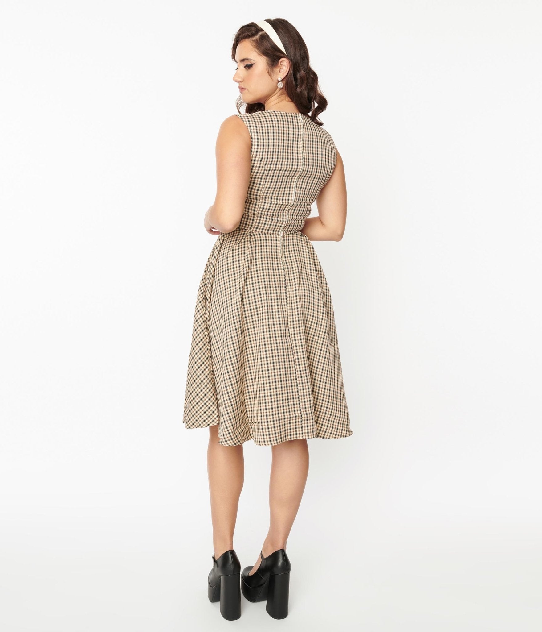  Beige & Black Gingham Swing Dress