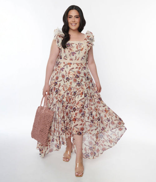  Beige Floral Ruffle High Low Maxi Dress
