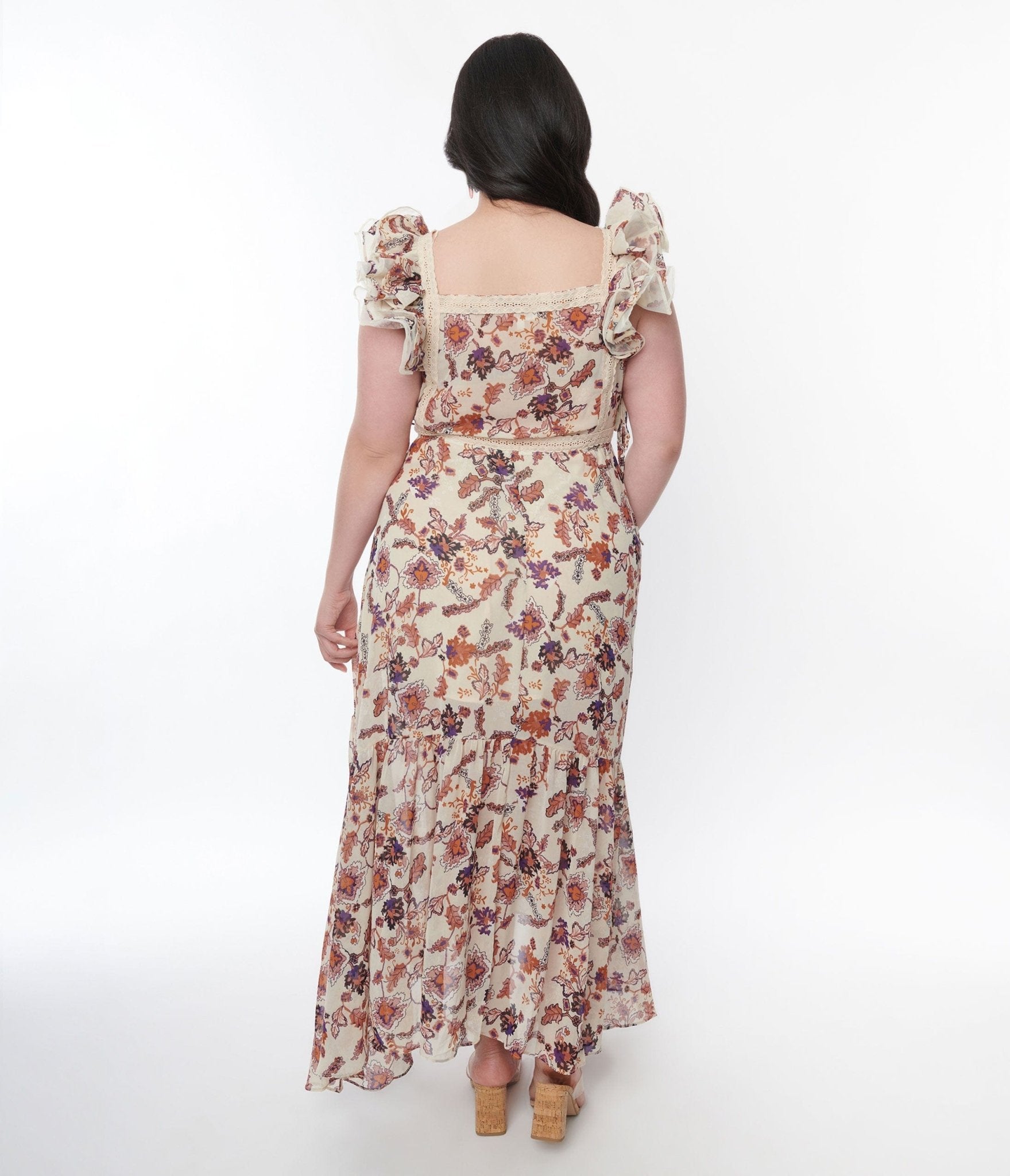  Beige Floral Ruffle High Low Maxi Dress