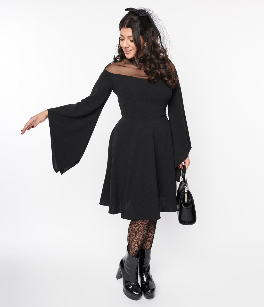  Black Bell Sleeve Flare Dress