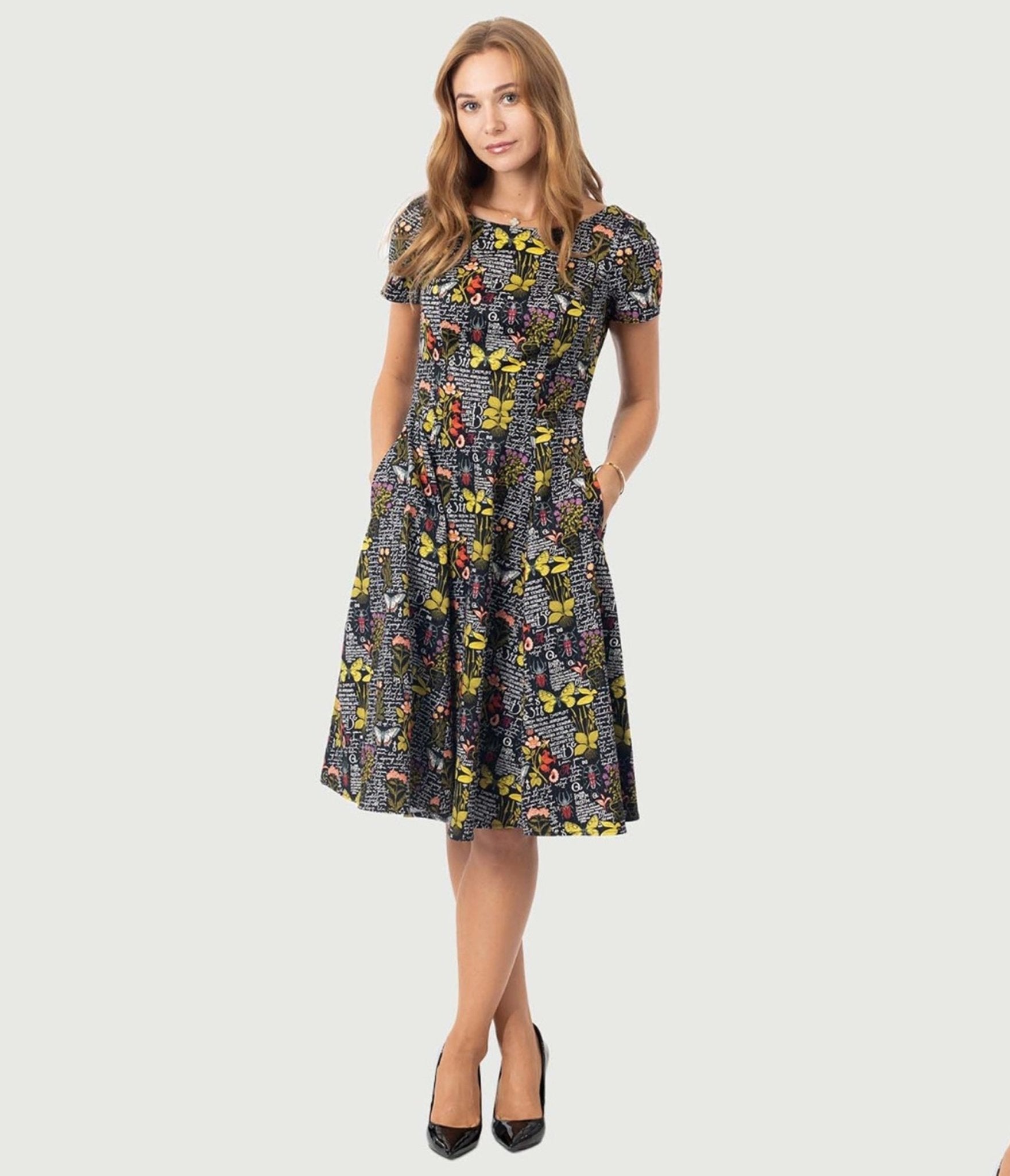  Black & Botanical Butterfly Print Swing Dress