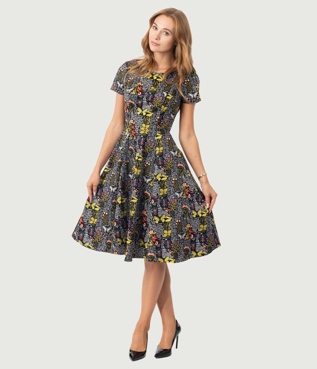  Black & Botanical Butterfly Print Swing Dress