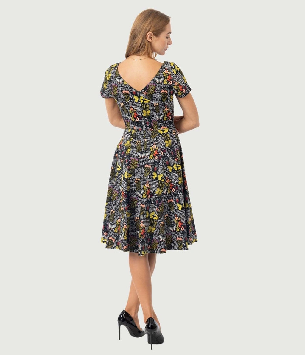  Black & Botanical Butterfly Print Swing Dress
