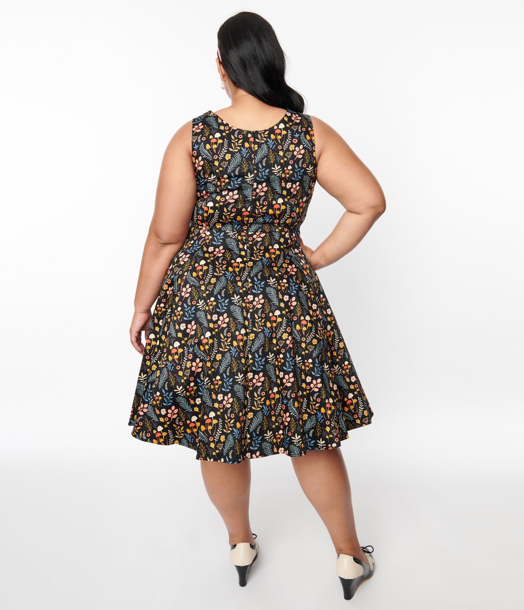  Black Ditsy Woodland Mushroom Swing Dress