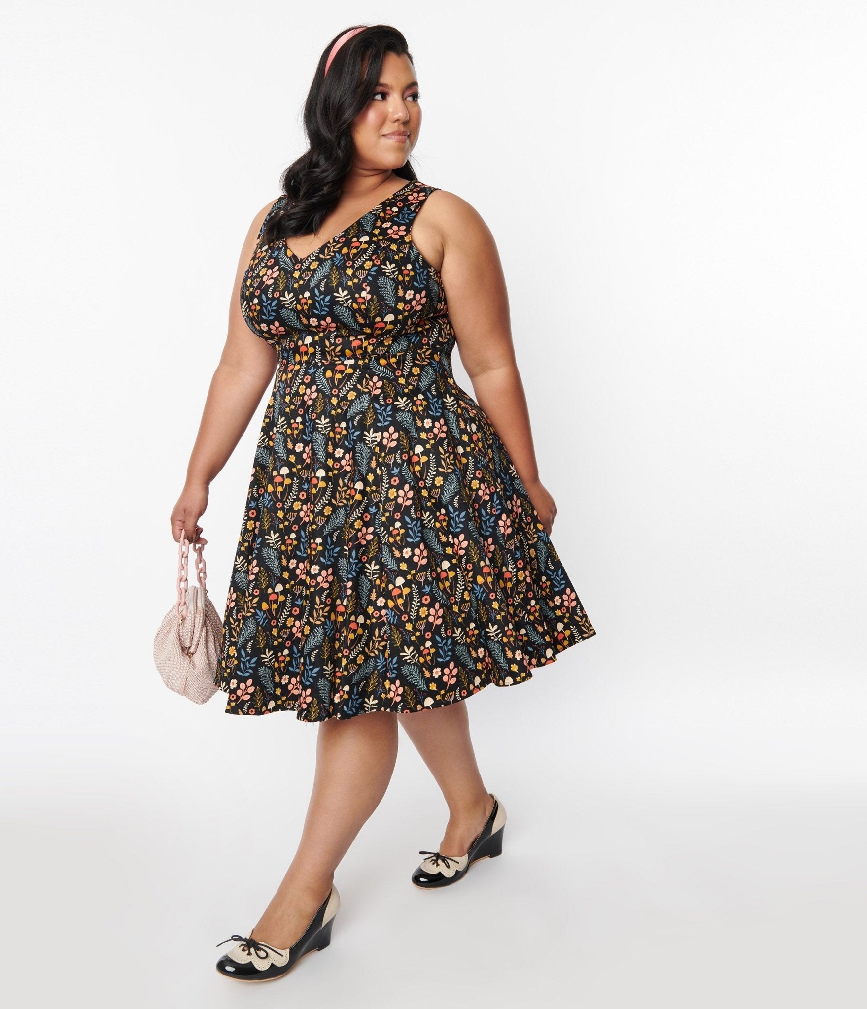  Black Ditsy Woodland Mushroom Swing Dress