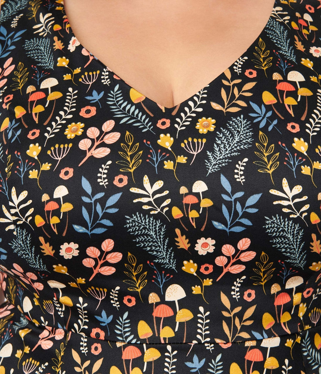  Black Ditsy Woodland Mushroom Swing Dress
