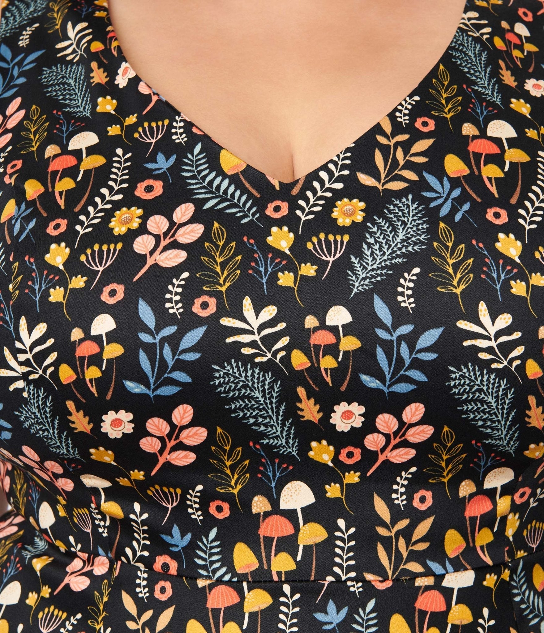  Black Ditsy Woodland Mushroom Swing Dress