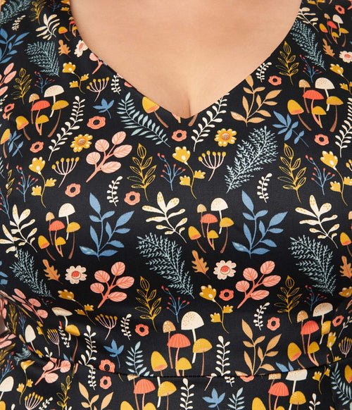  Black Ditsy Woodland Mushroom Swing Dress