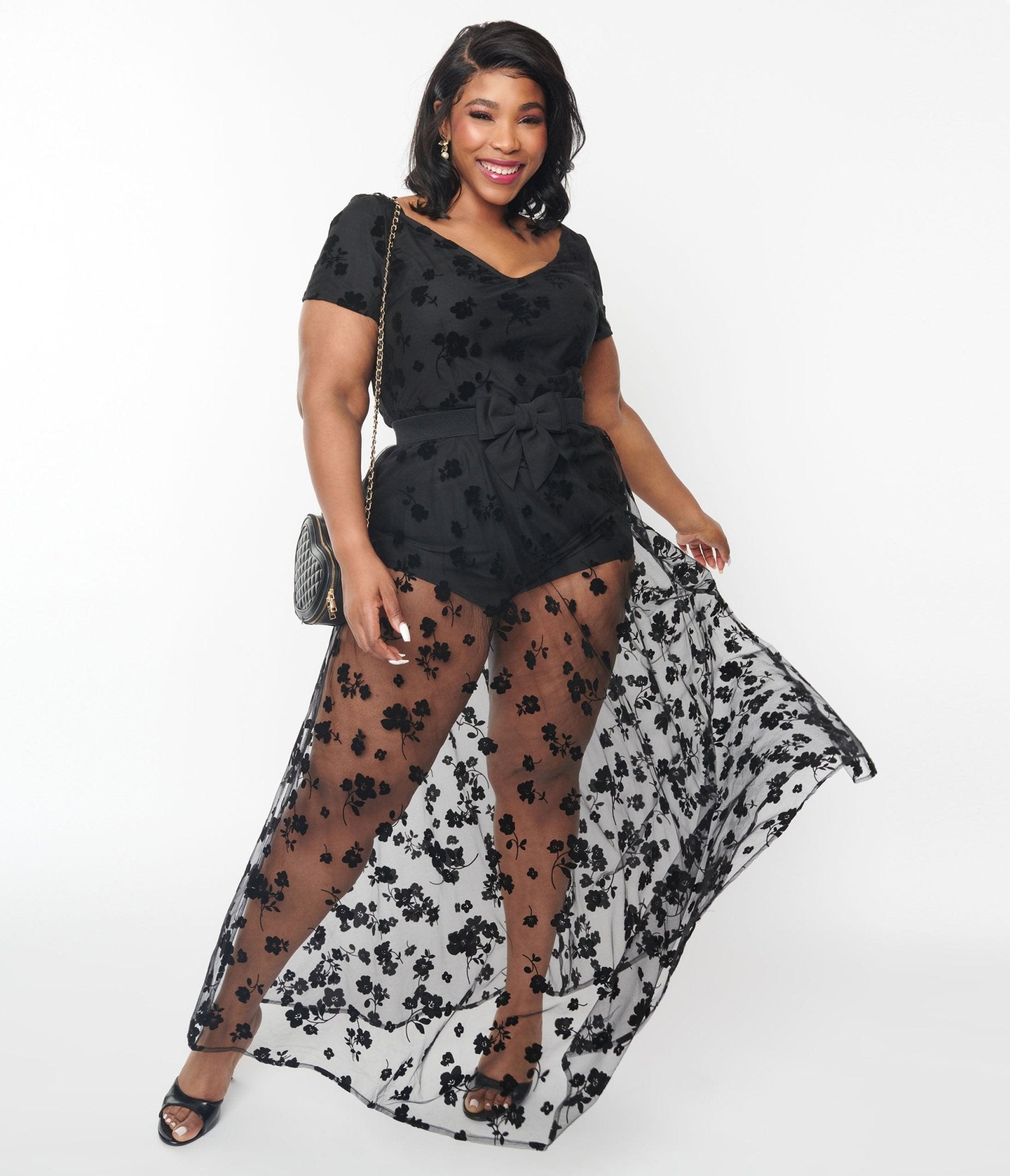  Black Floral Mesh Overlay Maxi Dress