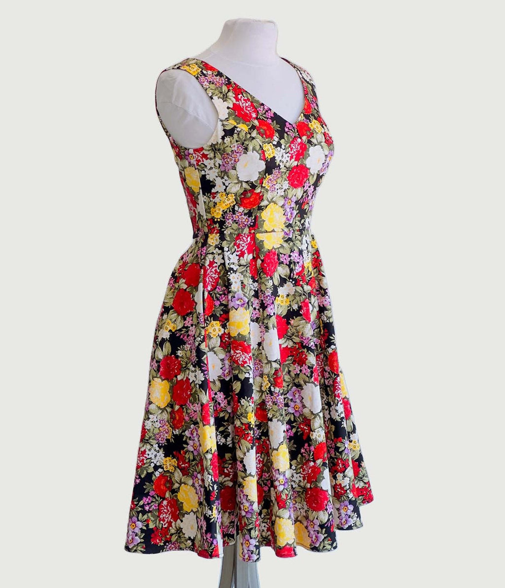  Black Garden Floral Swing Dress