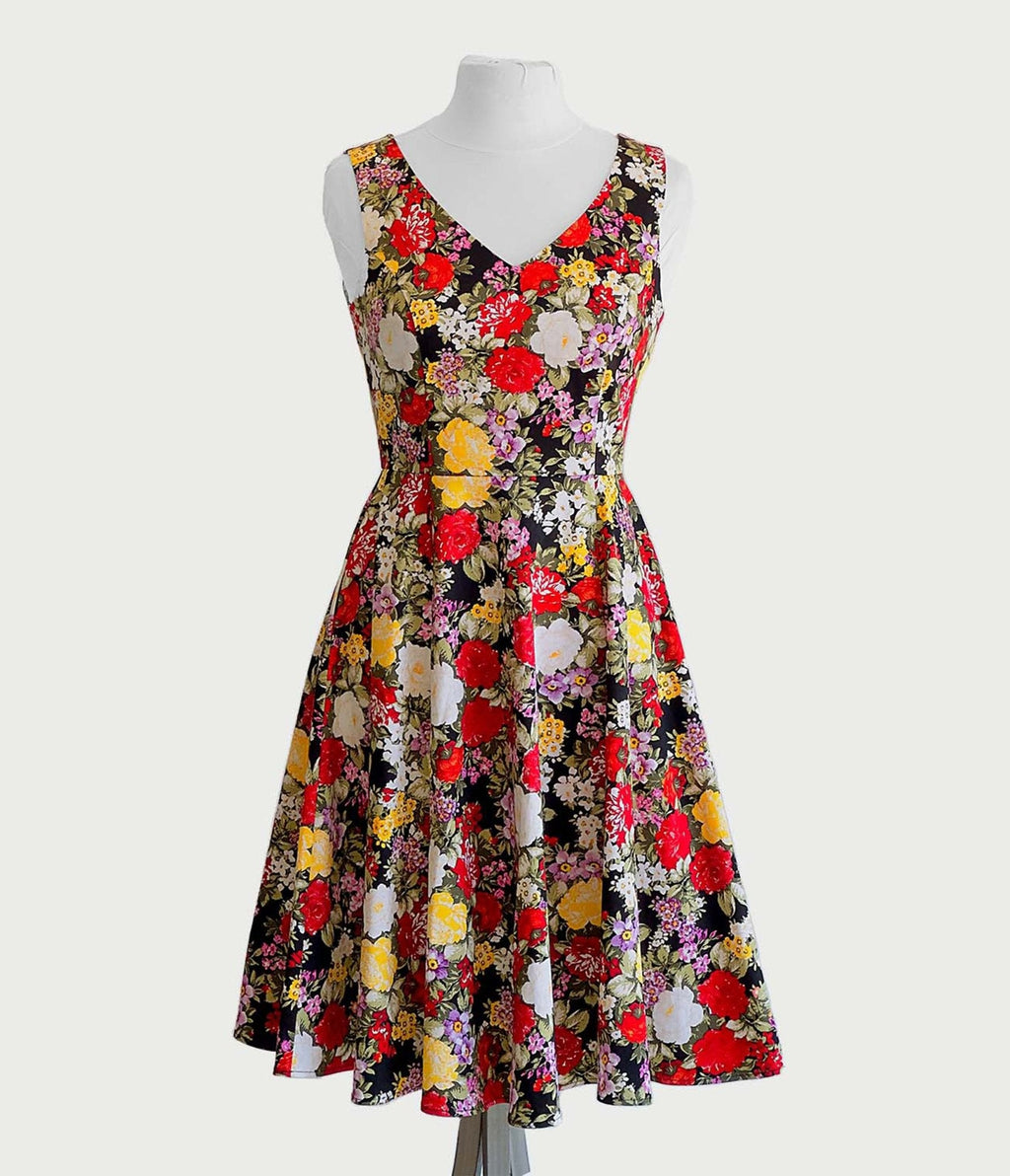  Black Garden Floral Swing Dress