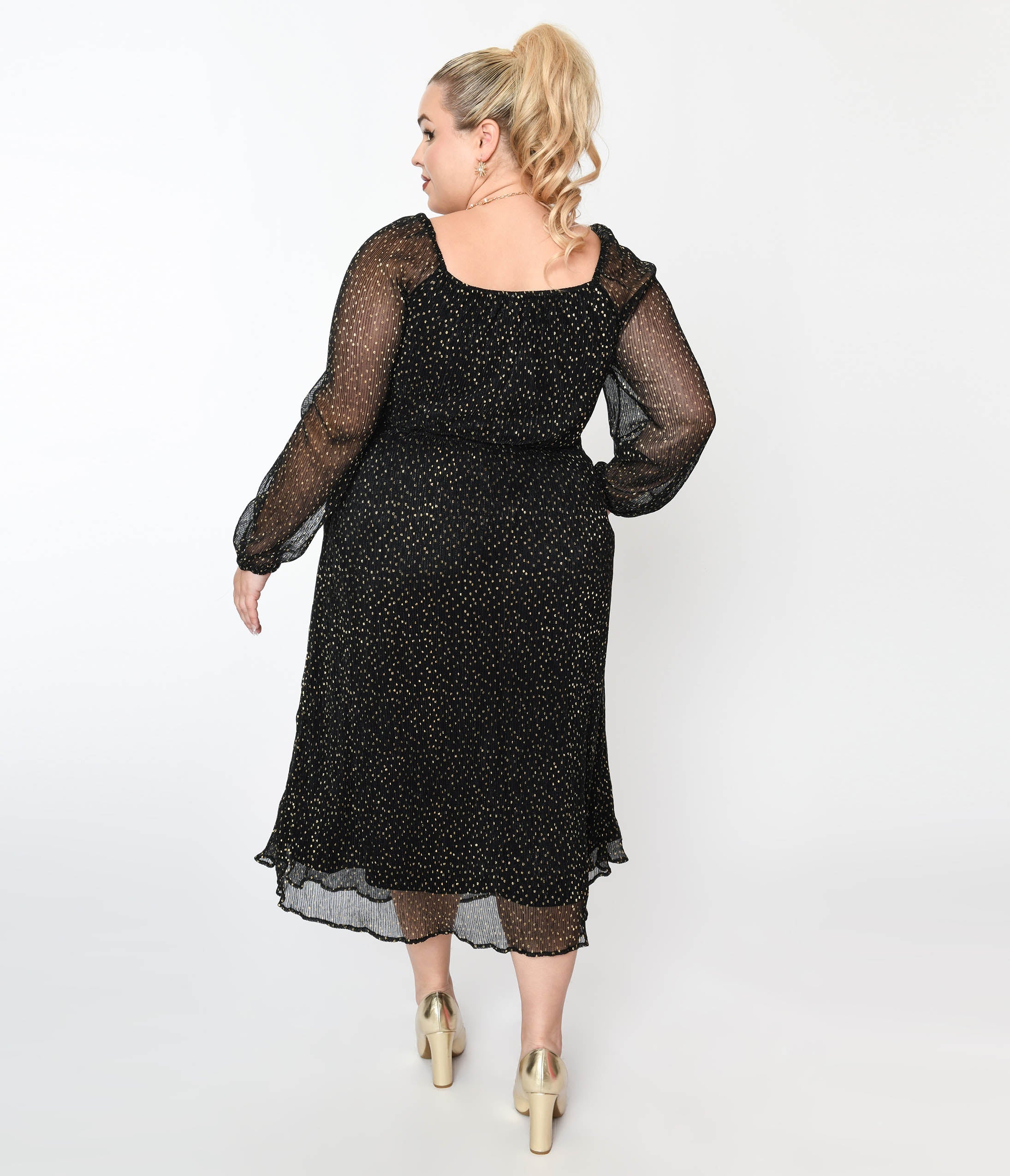  Black & Gold Foil Pin Dot Pleated Midi Dress
