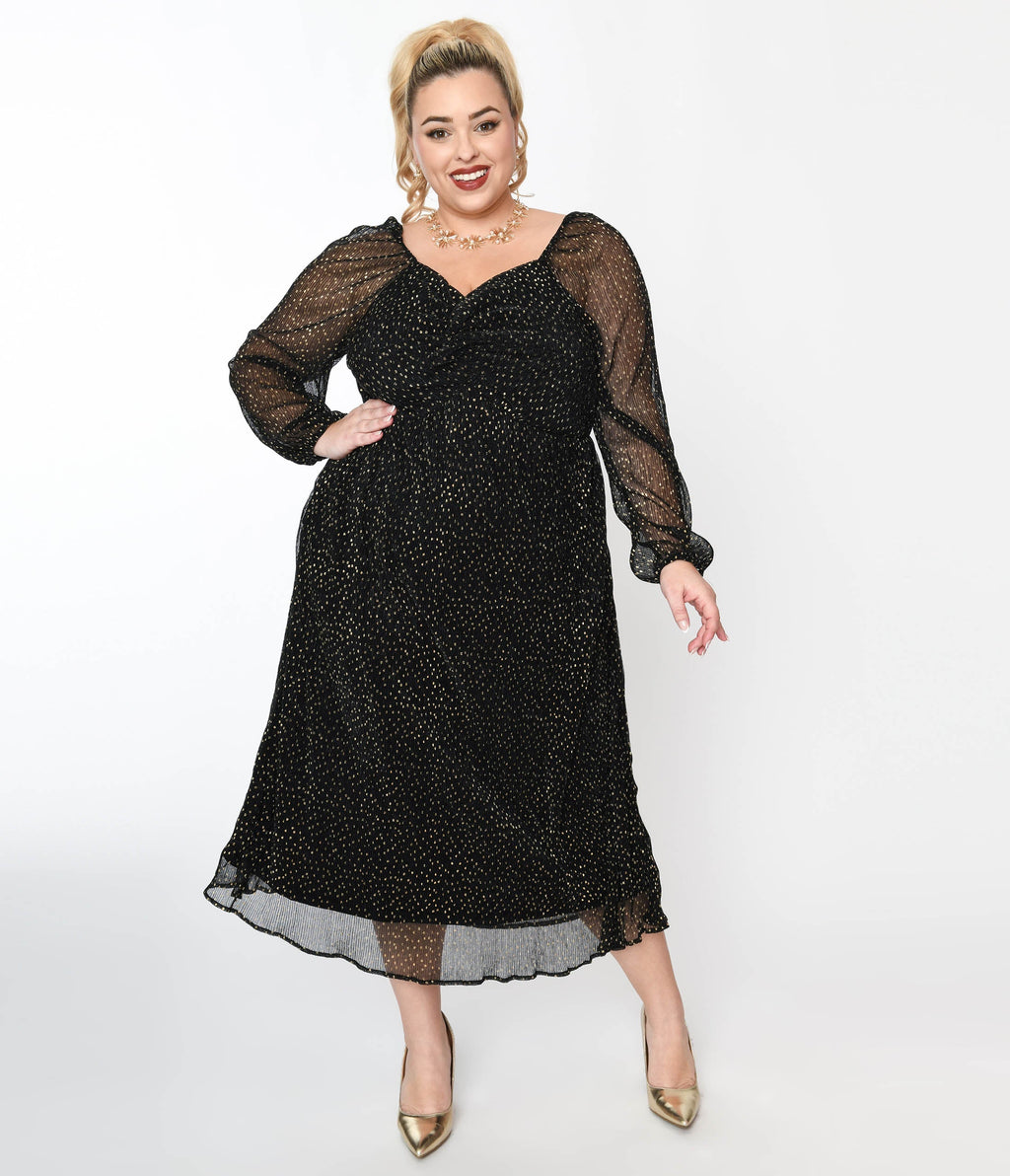  Black & Gold Foil Pin Dot Pleated Midi Dress