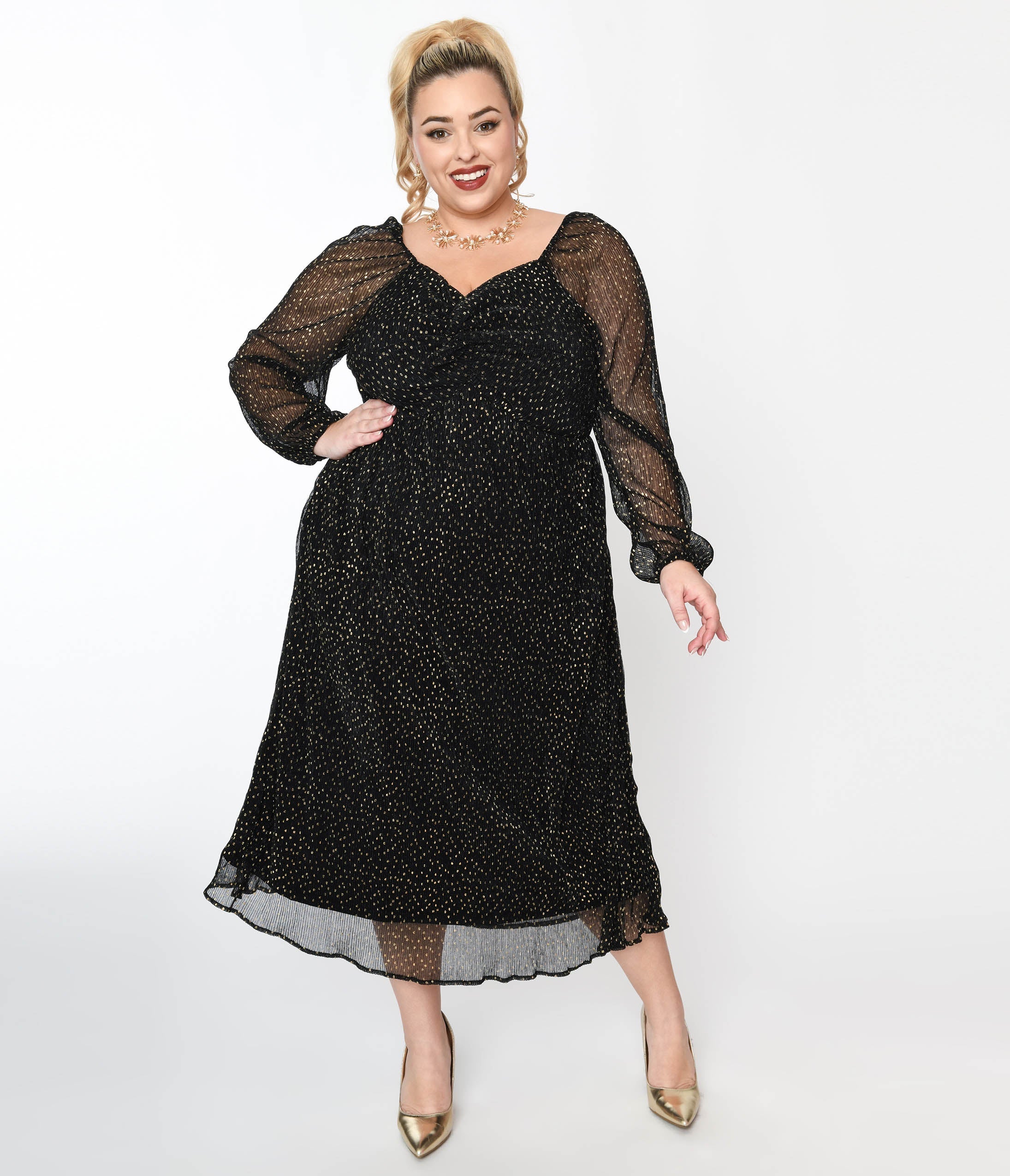  Black & Gold Foil Pin Dot Pleated Midi Dress