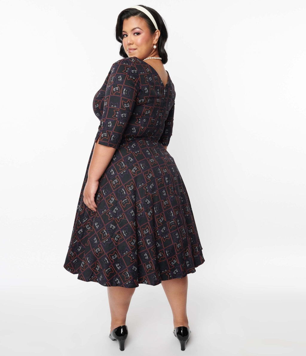  Black Kitty Cat Checkered Swing Dress