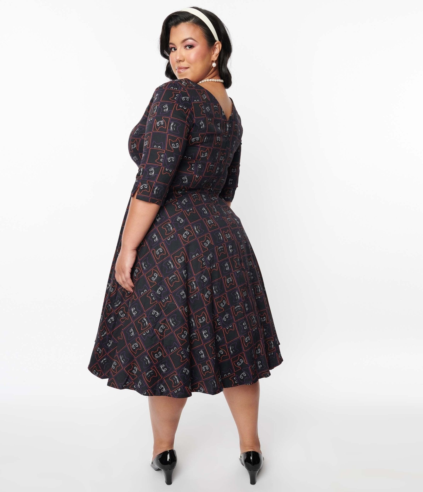  Black Kitty Cat Checkered Swing Dress
