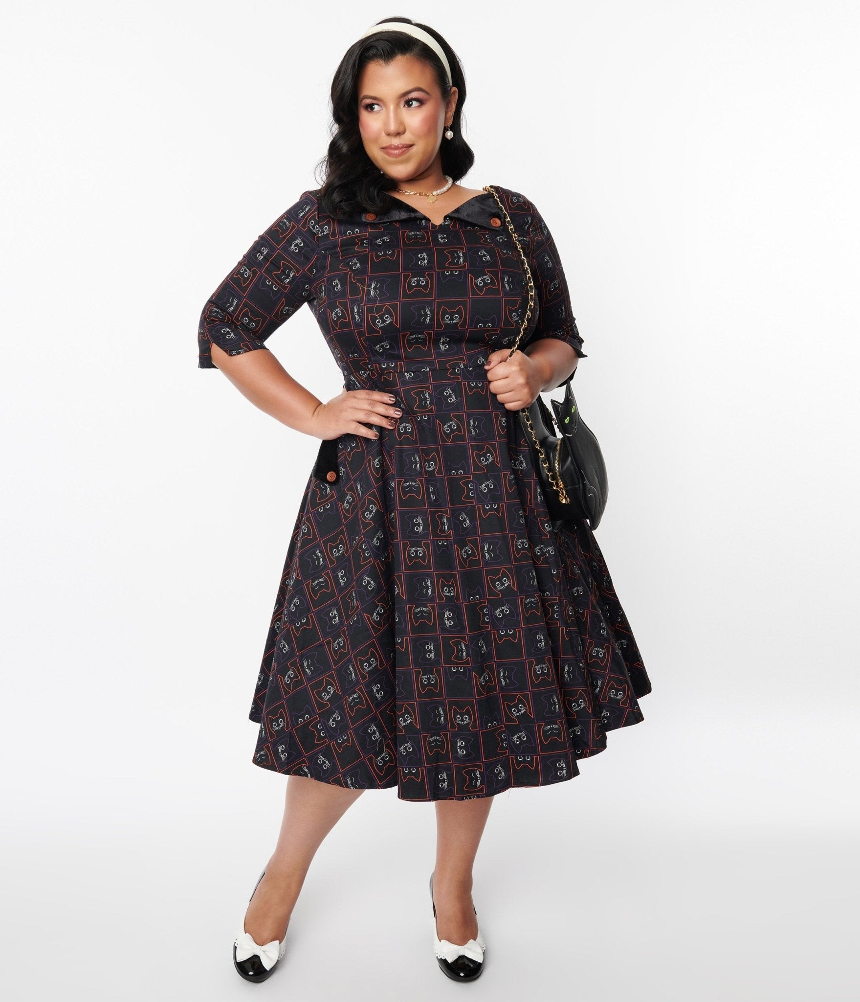  Black Kitty Cat Checkered Swing Dress