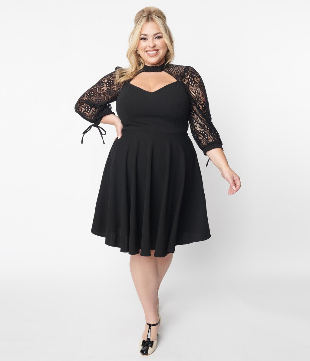  Black Lace Sleeved Knit Swing Dress