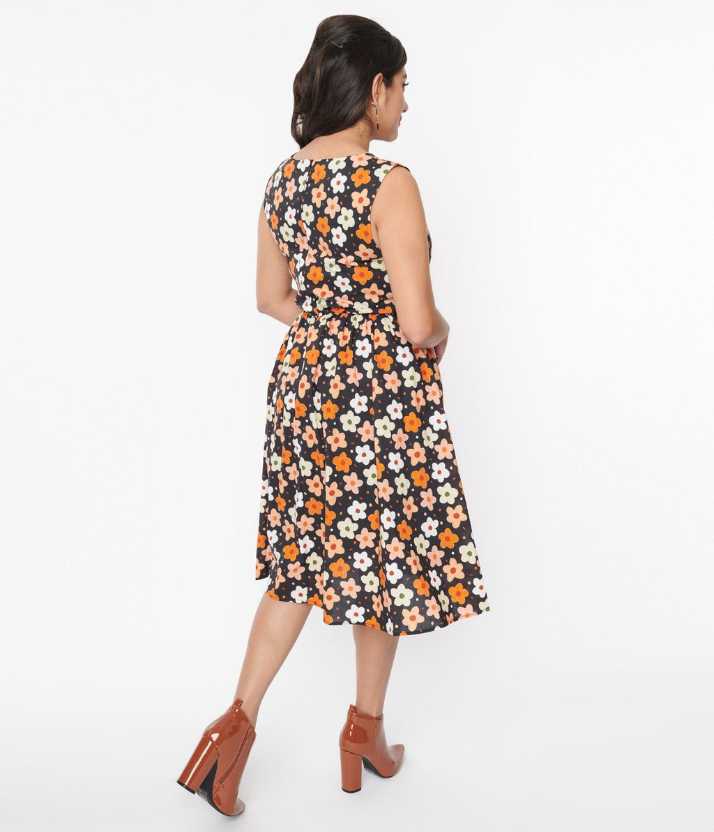  Black Multicolor Ditsy Floral Swing Dress