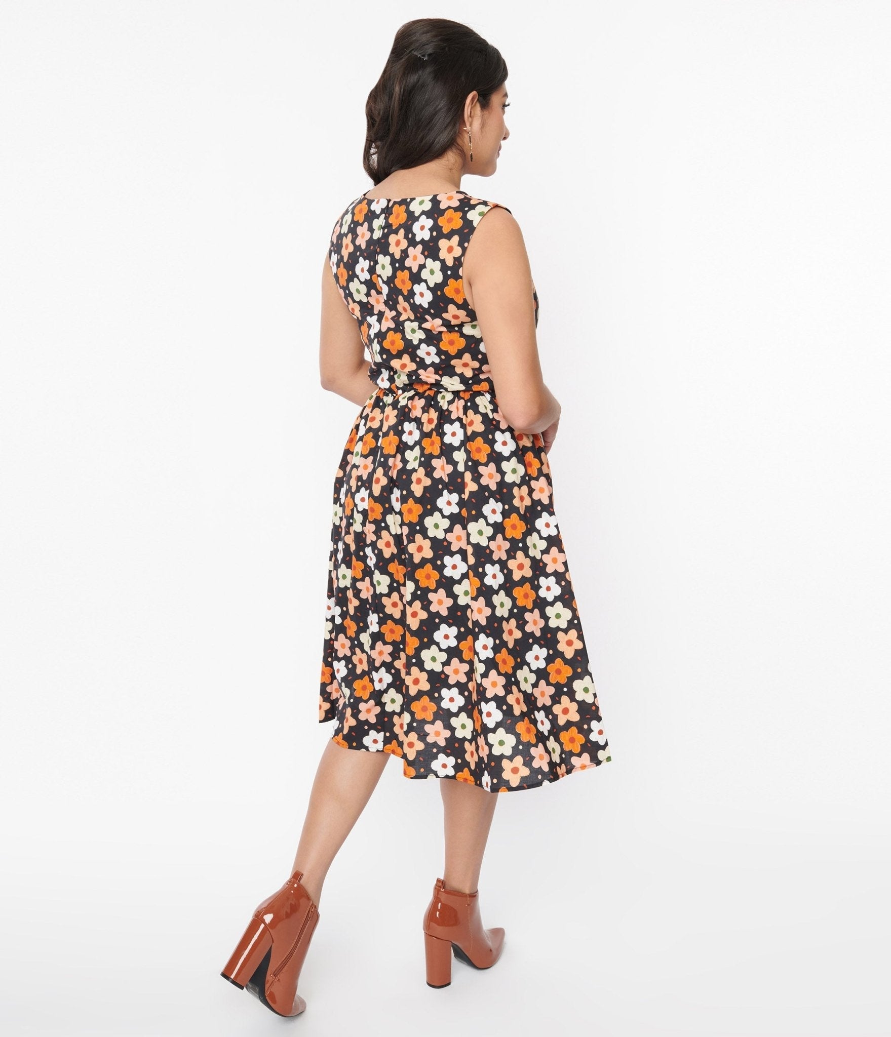  Black Multicolor Ditsy Floral Swing Dress