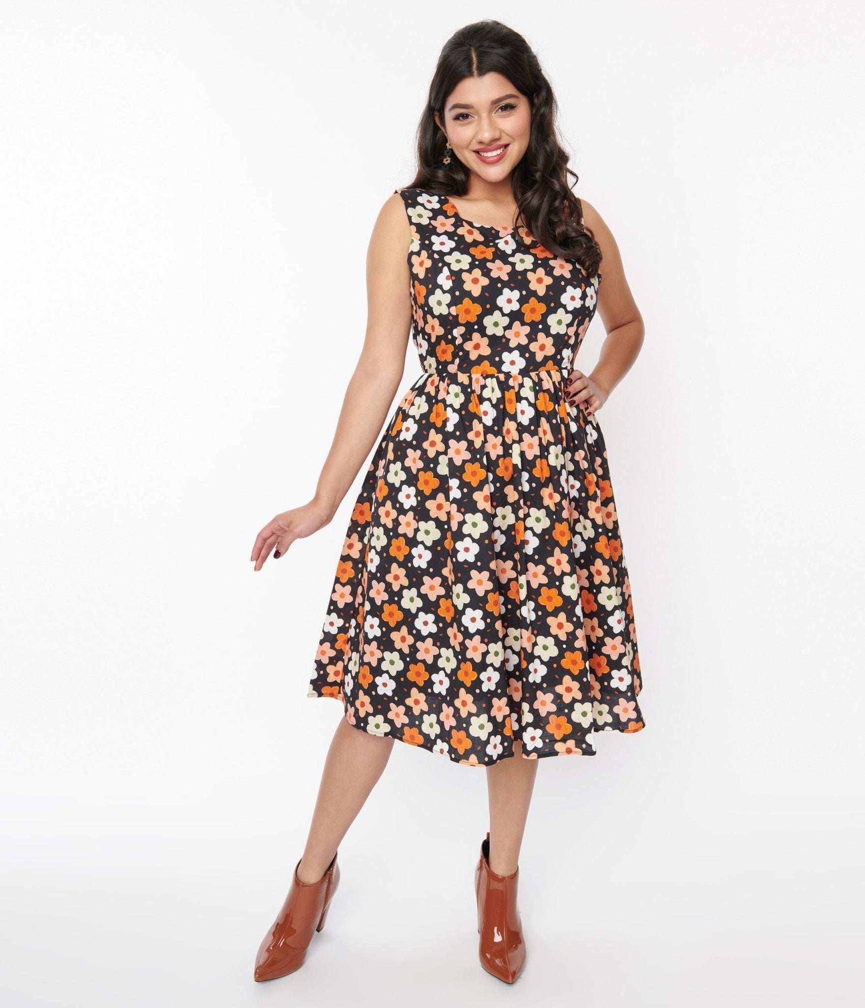  Black Multicolor Ditsy Floral Swing Dress