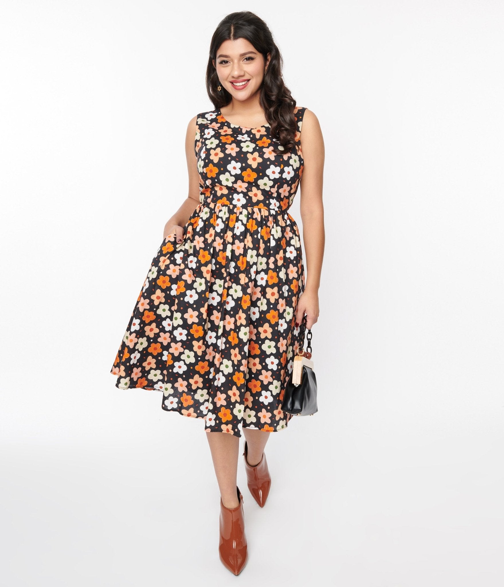  Black Multicolor Ditsy Floral Swing Dress