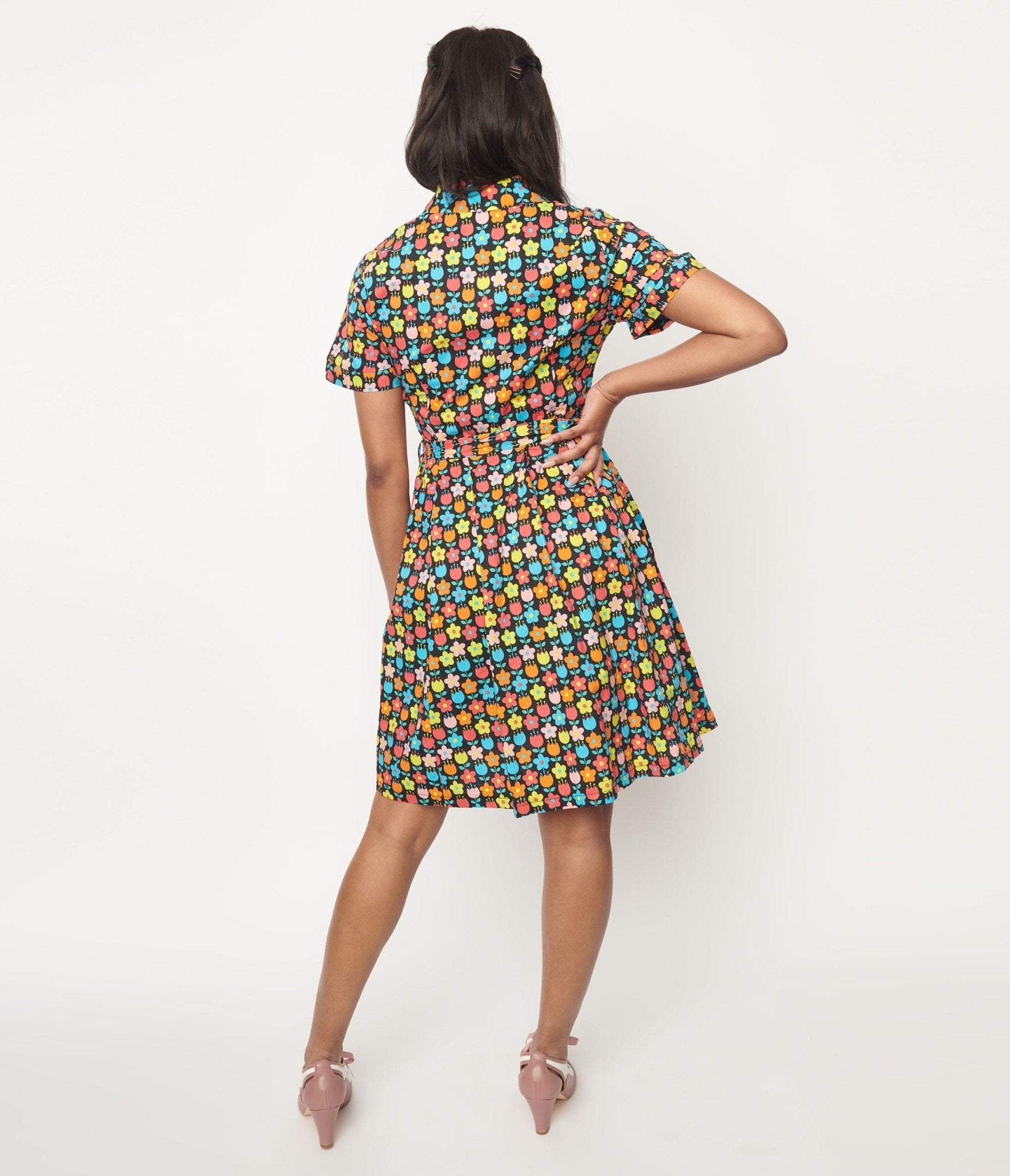  Black & Multicolor Floral Fit & Flare Dress