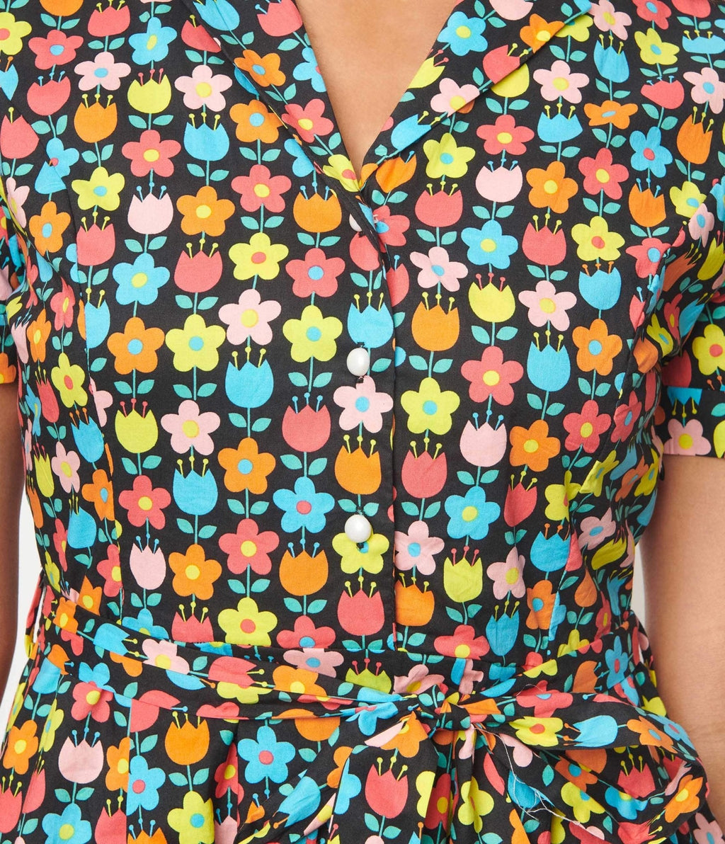  Black & Multicolor Floral Fit & Flare Dress