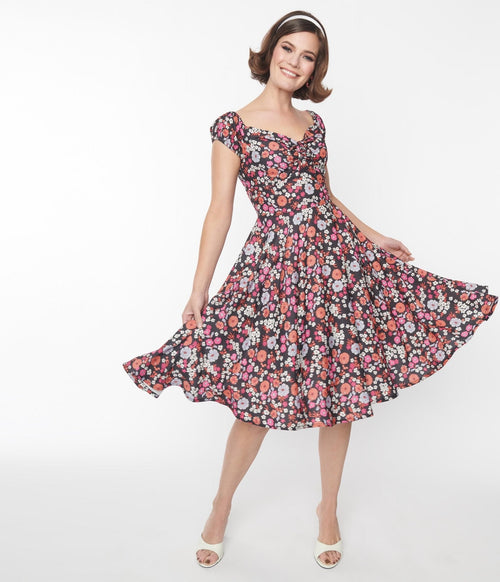  Black Multicolor Floral Sophia Swing Dress
