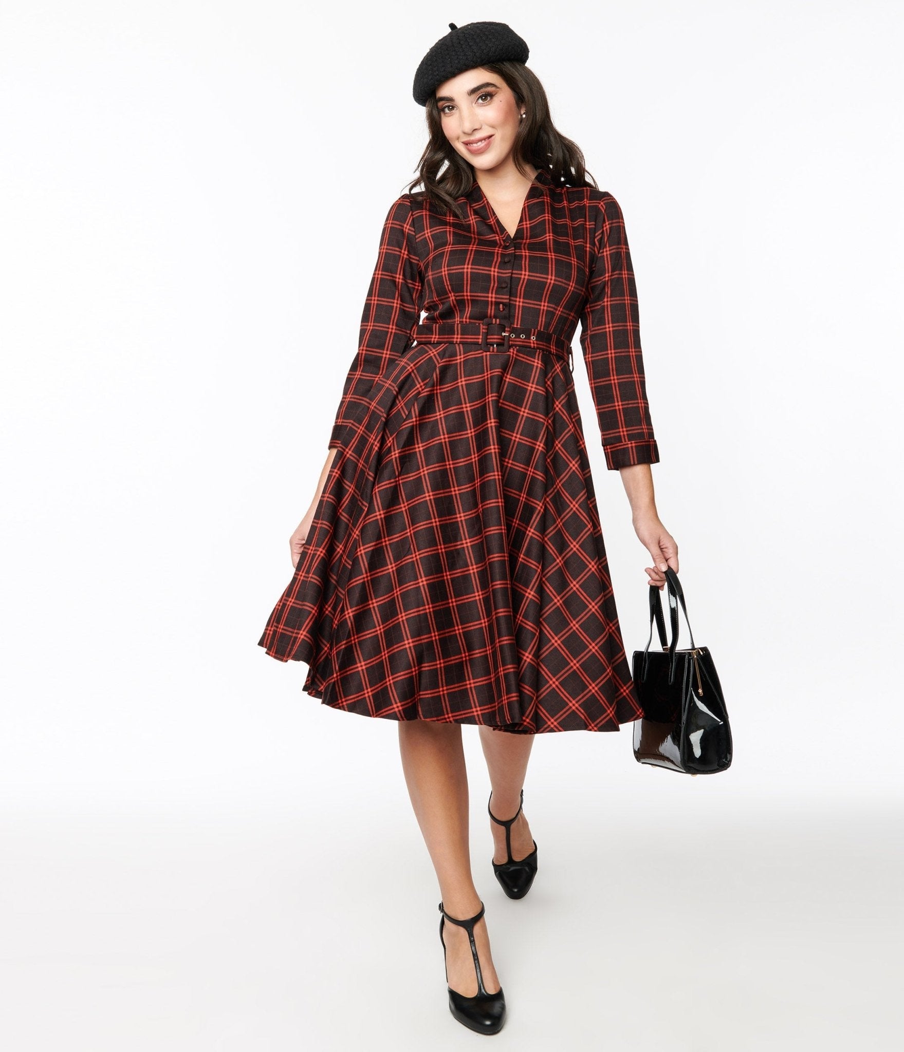  Black & Orange Windowpane Belted Swing Dress