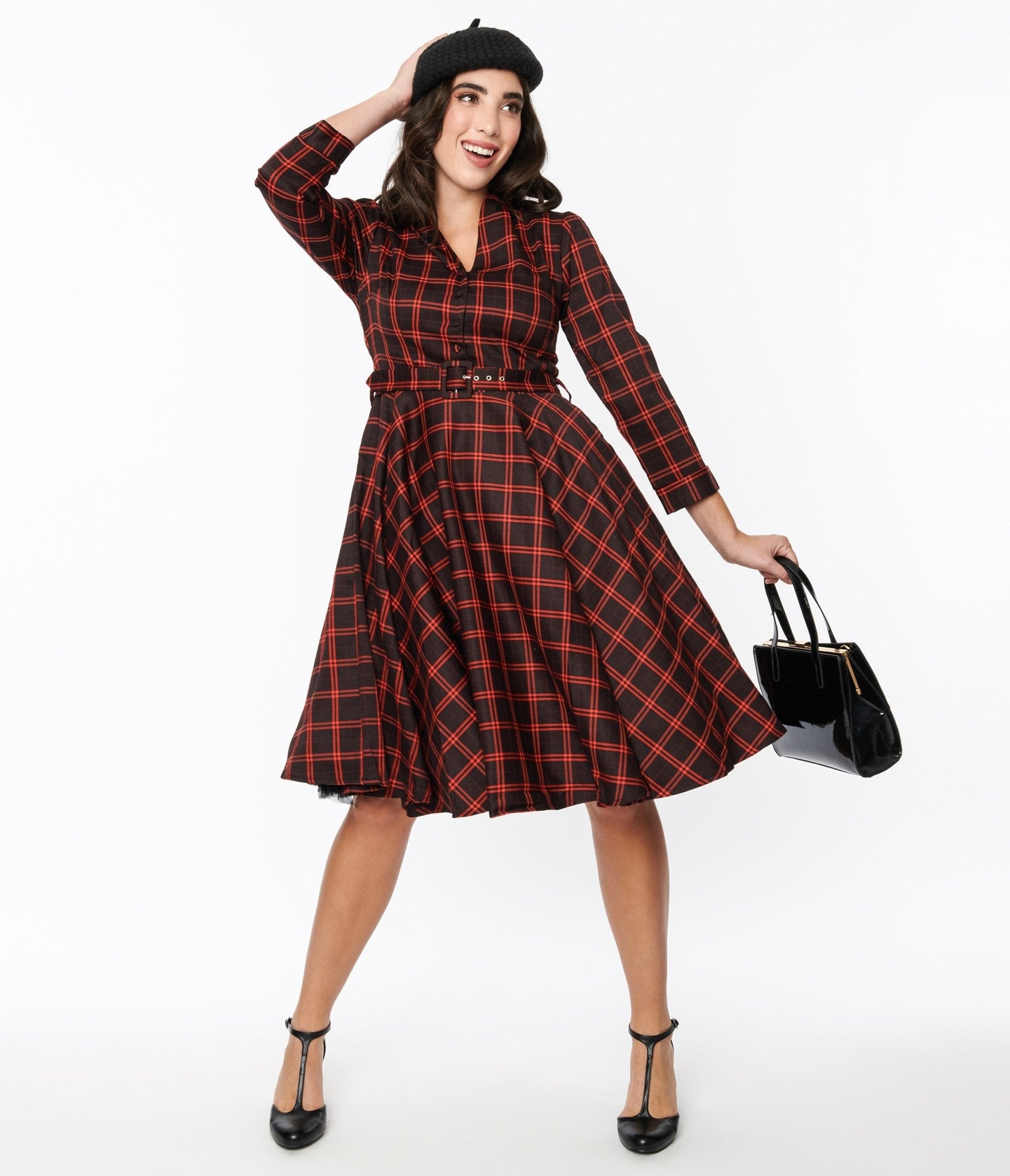  Black & Orange Windowpane Belted Swing Dress
