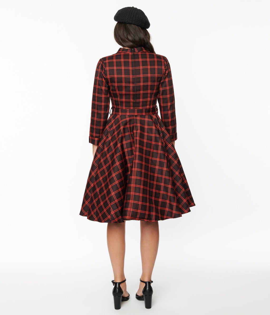  Black & Orange Windowpane Belted Swing Dress