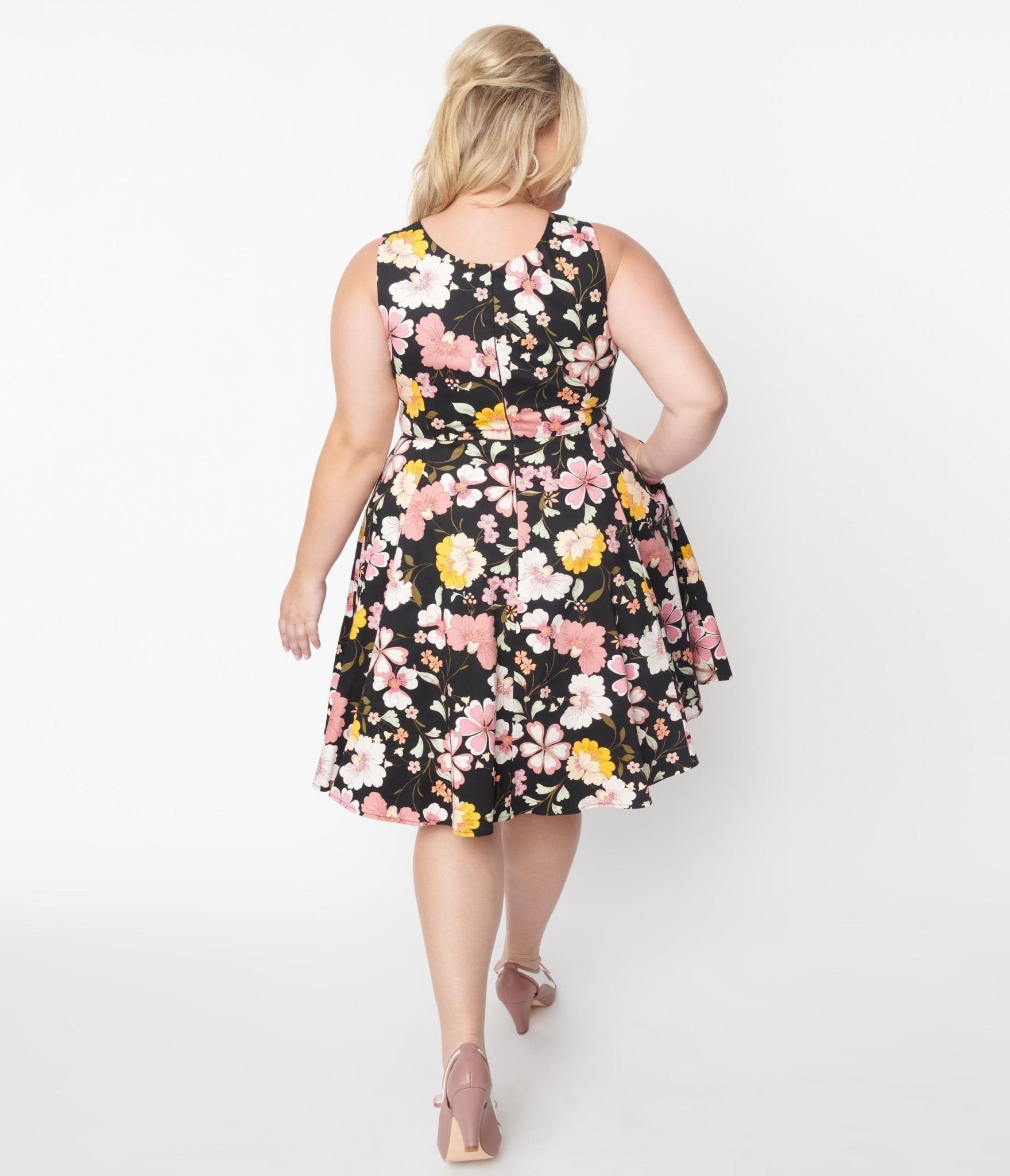  Black & Pink Cherry Blossom Swing Dress