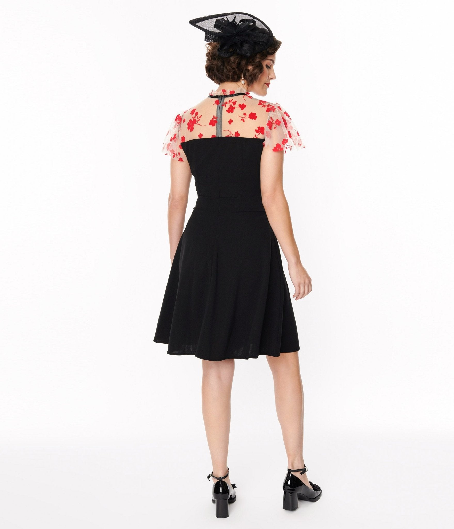  Black & Pink Floral Mesh Illusion Neckline Flare Dress