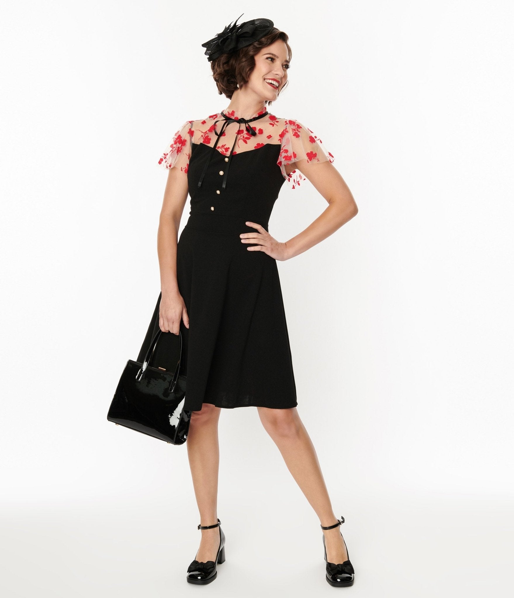  Black & Pink Floral Mesh Illusion Neckline Flare Dress