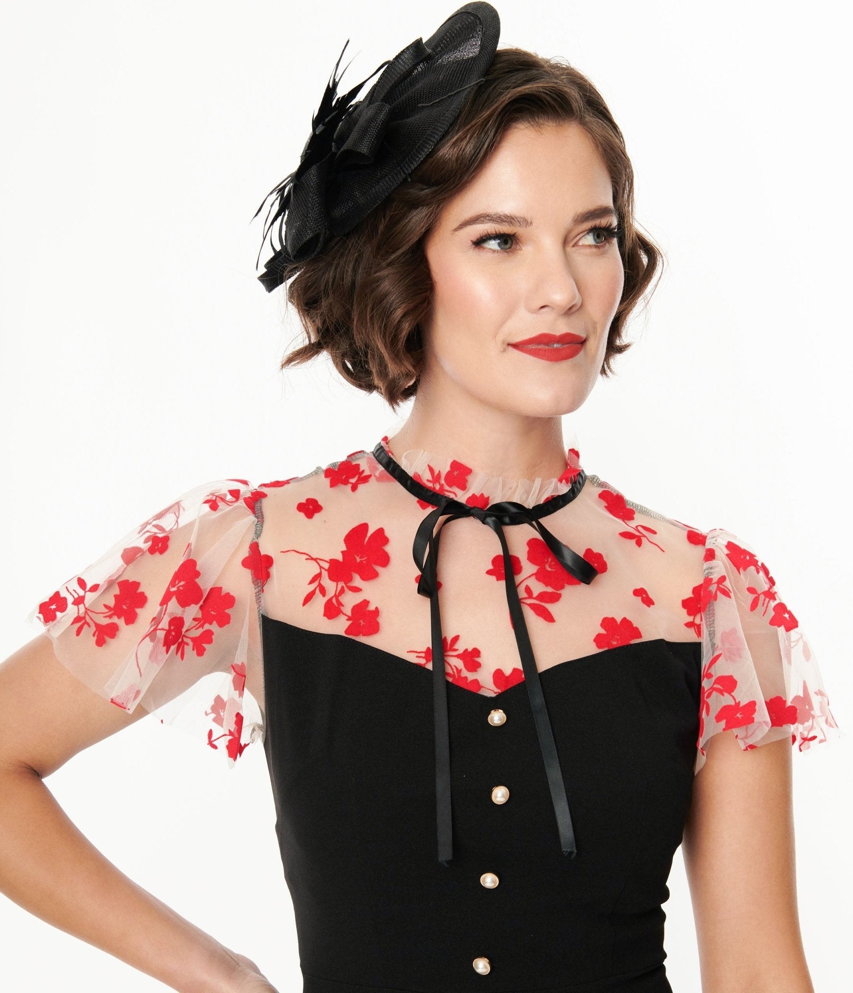  Black & Pink Floral Mesh Illusion Neckline Flare Dress