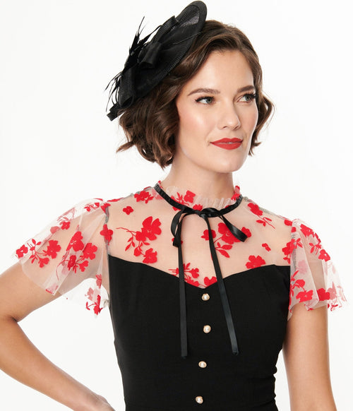  Black & Pink Floral Mesh Illusion Neckline Flare Dress