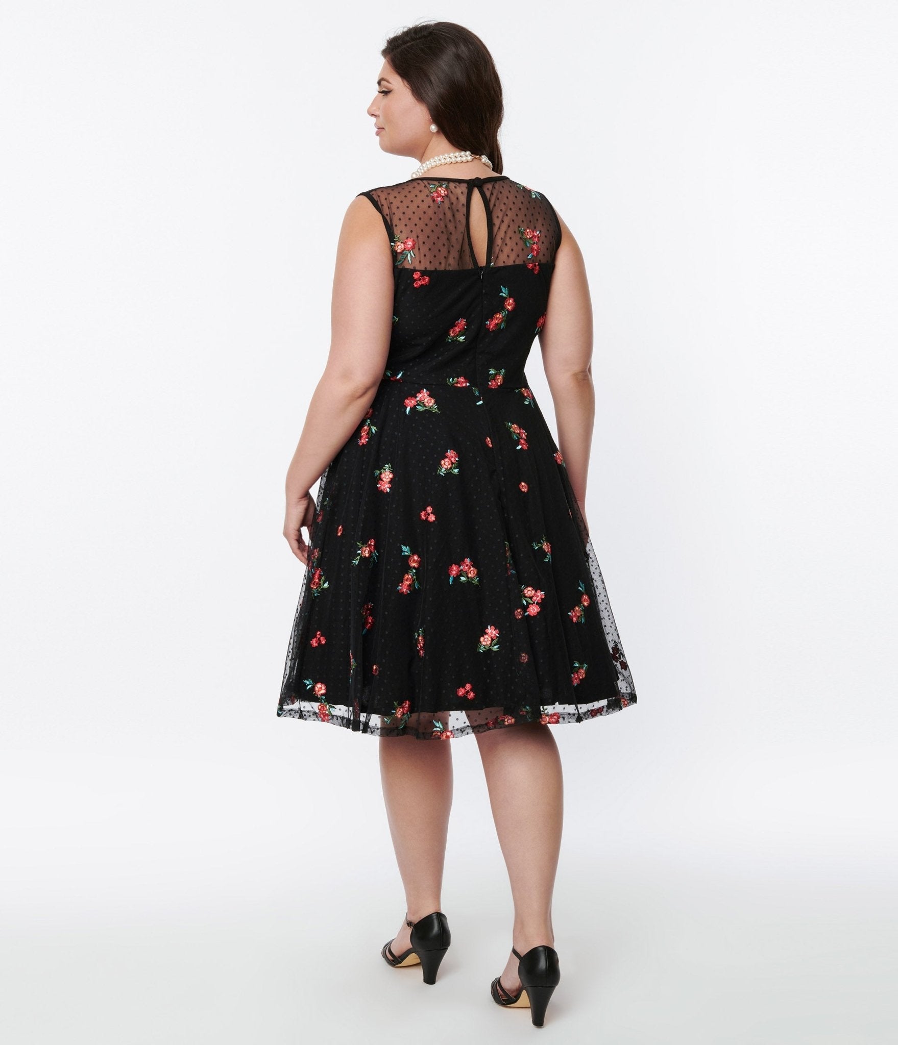  Black Polka Dot Tulle & Pink Floral Swing Dress